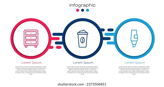 Set line Archive papers drawer, Coffee cup to go and Marker pen. Business infographic template. Vector
