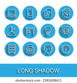 Set line Archive papers drawer, Inkwell, Laptop, Headphones, Clock, Office desk, Board with graph and Light bulb icon. Vector
