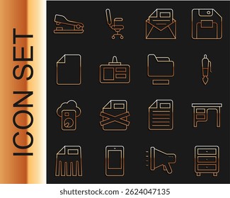 Definir linha Gaveta de papéis de arquivo, Escritório, Caneta de fonte, E-mail e e-mail, Crachá de identificação, Documento de arquivo, Grampeador e ícone da pasta do documento. Vetor