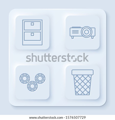 Set line Archive papers drawer, Presentation, movie, film, media projector, Gear and Trash can. White square button. Vector