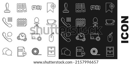 Set line Archive papers drawer, Computer mouse, Coffee cup flat, Presentation, movie, film, media projector, Calendar, Telephone handset, Stamp and Office chair icon. Vector