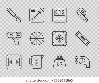 Set line Area measurement, Approximate measurements, Measuring cup, spoon, Circle of pieces, Weight and Construction bubble level icon. Vector