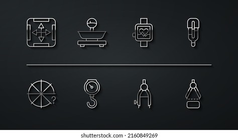 Set line Area measurement, Circle of pieces, Medical thermometer, Drawing compass, Hand scale spring mechanical, Scales,  and Smart watch icon. Vector
