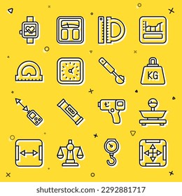 Set line Area measurement, Scales, Weight, Protractor and ruler, Clock, Smart watch and Measuring spoon icon. Vector