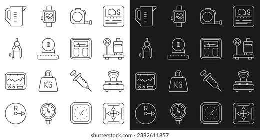 Set line Area measurement, Scales, with suitcase, Roulette construction, Diameter, Drawing compass, Measuring cup and Bathroom scales icon. Vector