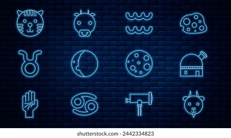 Set line Aries zodiac, Astronomical observatory, Aquarius, Eclipse of the sun, Taurus, Tiger, Moon and Ox icon. Vector