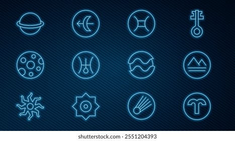 Set line Aries zodiac, Earth element, Gemini, Symbol Uranus, Full moon, Planet Saturn,  and Sagittarius icon. Vector