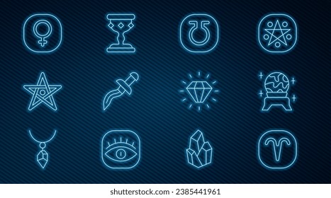 Línea Aries zodiac, Magic ball, Life, Dagger, Pentagram, Venus, Diamond y Goblet Medieval icono. Vector