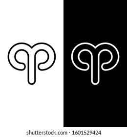 Set line Aries zodiac sign icon isolated on black and white background. Astrological horoscope collection.  Vector Illustration