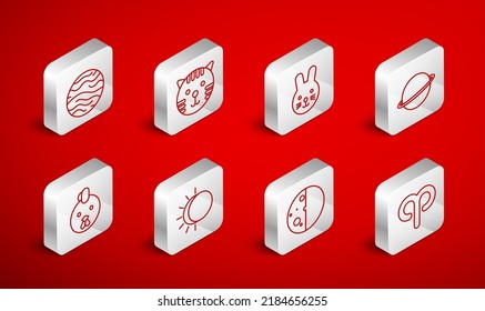 Set line Aries zodiac, Tiger, Rabbit, Planet Saturn, Eclipse of the sun, Venus,  and Rooster icon. Vector