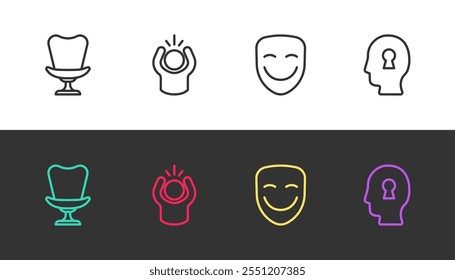 Set line Armchair, Anger, Comedy theatrical mask and Solution to problem on black and white. Vector