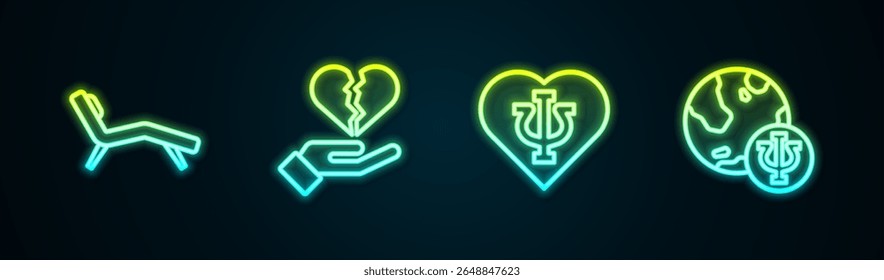 Set line Armchair, Broken heart or divorce, Psychology, Psi and . Glowing neon icon. Vector