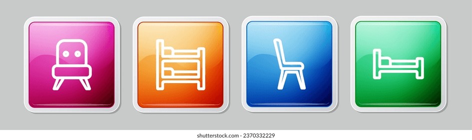 Set line Armchair, Bunk bed, Chair and Bed. Colorful square button. Vector