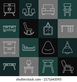 Set line Armchair, Chandelier, Office desk, Chest of drawers,  and Mirror icon. Vector