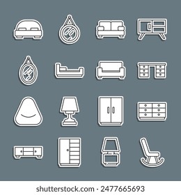 Set line Armchair, Chest of drawers, Office desk, Sofa, Bed, Mirror, Big bed and  icon. Vector