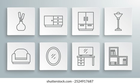 Set line Armchair, Chest of drawers, Mirror, TV table stand, Shelf with books, Wardrobe, Floor lamp and Vase icon. Vector