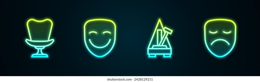 Set line Armchair, Comedy theatrical mask, Metronome with pendulum and Drama. Glowing neon icon. Vector