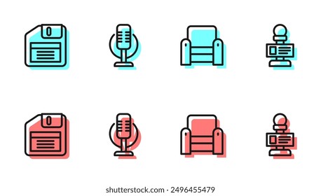 Sillón de línea, disquete, micrófono e icono. Vector