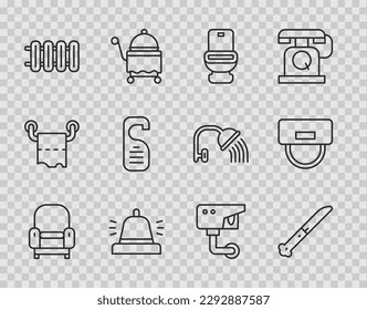 Set line Armchair, Knife, Toilet bowl, Hotel service bell, Heating radiator, Please do not disturb, Security camera and Bellboy hat icon. Vector