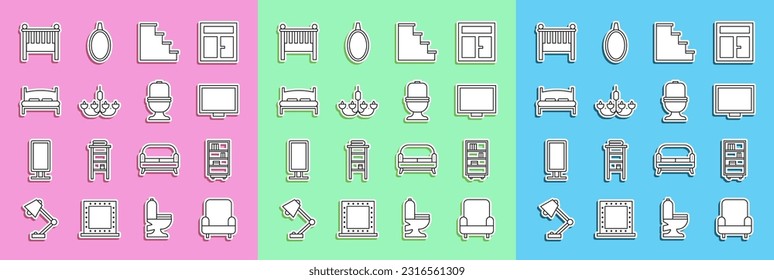 Set line Armchair, Library bookshelf, Picture frame on table, Staircase, Chandelier, Big bed, Baby crib cradle and Toilet bowl icon. Vector