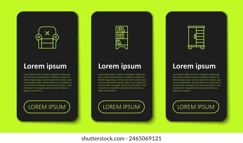 Set line Armchair, Library bookshelf and Wardrobe. Business infographic template. Vector