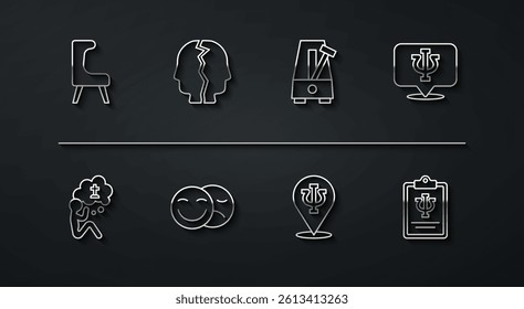 Set line Armchair, Man graves funeral sorrow, Psychology, Psi, Comedy and tragedy masks, Bipolar disorder,  and Metronome with pendulum icon. Vector