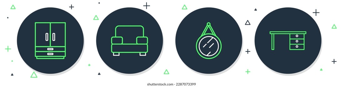 Set line Armchair, Mirror, Wardrobe and Office desk icon. Vector