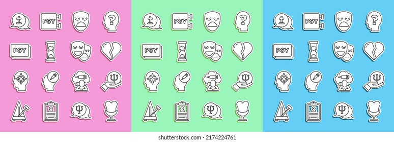 Set line Armchair, Psychology, Psi, Broken heart or divorce, Drama theatrical mask, Old hourglass, Graves funeral sorrow and Comedy and tragedy masks icon. Vector
