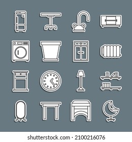 Set line Armchair, Shelf with books, Heating radiator, Water tap, Flower pot, Washer, Refrigerator and Wardrobe icon. Vector