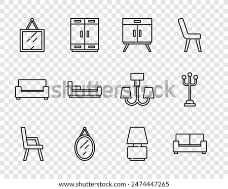 Set line Armchair, Sofa, Chest drawers, Mirror, Bed, Table lamp and Coat stand icon. Vector