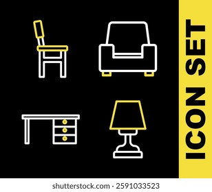 Set line Armchair, Table lamp, Office desk and Chair icon. Vector