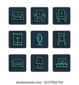 Set line Armchair, Table lamp, TV table stand, Mirror, Wardrobe,  and Chair icon. Vector