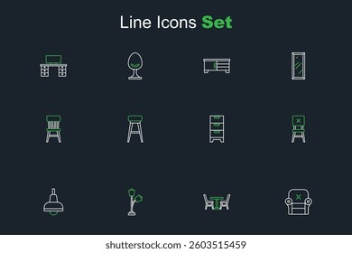 Set line Armchair, Table with, Floor lamp, Lamp hanging, Chair, Chest of drawers,  and  icon. Vector