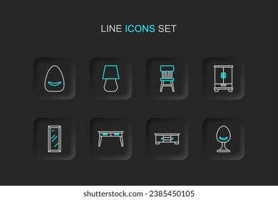 Set line Armchair, TV table stand, Office desk, Big full length mirror, Wardrobe, Chair, Table lamp and Pouf icon. Vector