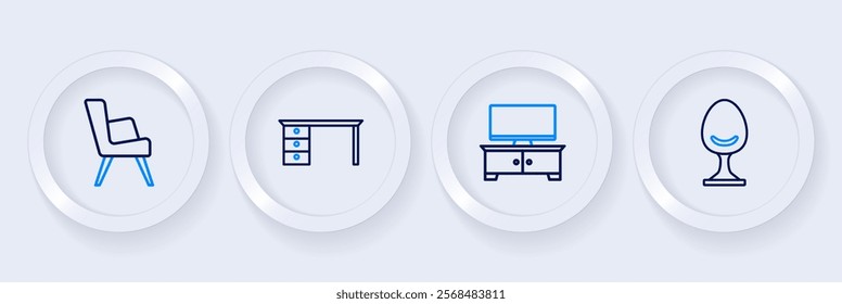 Set line Armchair, TV table stand, Office desk and  icon. Vector
