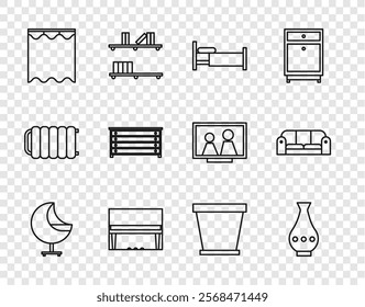 Set line Armchair, Vase, Bed, Grand piano, Curtains, Chest of drawers, Flower pot and Sofa icon. Vector