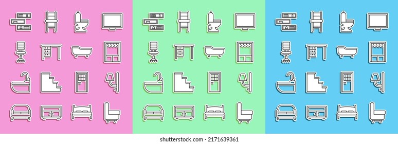 Set line Armchair, Wall sconce, Wardrobe, Toilet bowl, Office desk, Shelf with books and Bathtub icon. Vector
