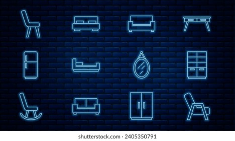 Fija la línea Sillón, Armario, Sofá, Cama, Refrigerador, Espejo y Gran cama icono. Vector