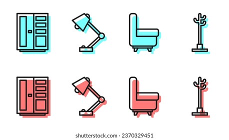 Ajuste la línea Sillón, Armario, Lámpara de mesa e Icono del soporte de escudos. Vector