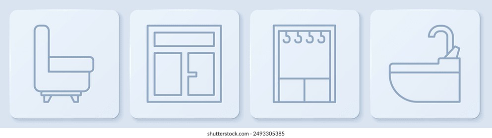 Set line Armchair, Wardrobe, Window in the room and Washbasin with water tap. White square button. Vector