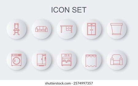 Set line Armchair, Washer, Office desk, Curtains, Chair, Sofa, Shower cabin and Kitchen dishwasher machine icon. Vector