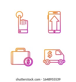 Set Line Armored Truck, Briefcase And Money, Hand Touch And Tap Gesture And Smartphone, Mobile Phone. Gradient Color Icons. Vector