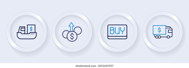 Set line Armored truck, Buy button, Financial growth dollar and Cargo ship with boxes delivery icon. Vector