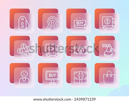Set line Armored truck, Buy button, Stacks paper money cash, Delivery cargo, Price tag with dollar and Stars rating icon. Vector