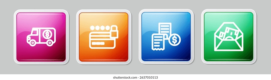 Set line Armored truck, Credit card with lock, Paper financial check and Envelope dollar symbol. Colorful square button. Vector