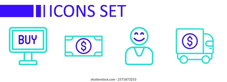 Set line Armored truck, Happy customer, Stacks paper money cash and Buy button icon. Vector