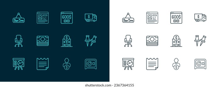 Set line Armored truck, Notebook, Bank building, Business investor, Stacks paper money cash, Monitor with dollar, From 9 5 job and Resume icon. Vector