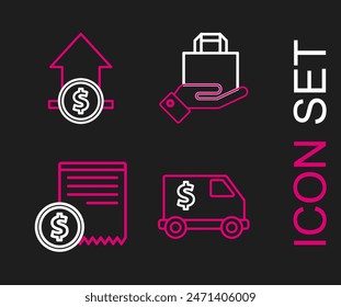 Set line Armored truck, Paper check and financial check, Hand paper shopping bag and Financial growth coin icon. Vector