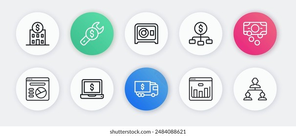 Set line Armored truck, Stacks paper money cash, Pie chart infographic, Browser with stocks market, Hierarchy dollar, Safe, Employee hierarchy and Laptop icon. Vector