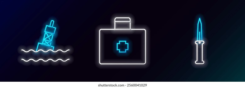 Set line Army knife, Floating buoy on the sea and First aid kit icon. Glowing neon. Vector